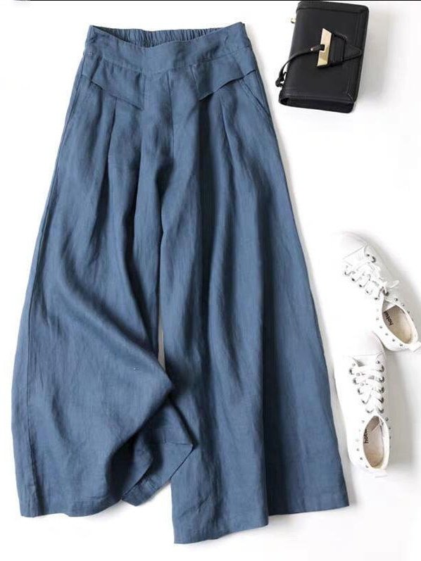 Pantalons Élégant Plain Printemps / Automne Couture de poche Naturel Micro-élasticité Taille Élastique Pantalons à Jambe Large Régulier pour Femmes