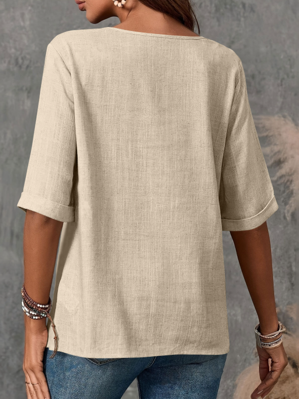Blouses Rue Plain Été Joint Fendu Ample Demi Manche Col Rond Régulier Droit pour Femmes