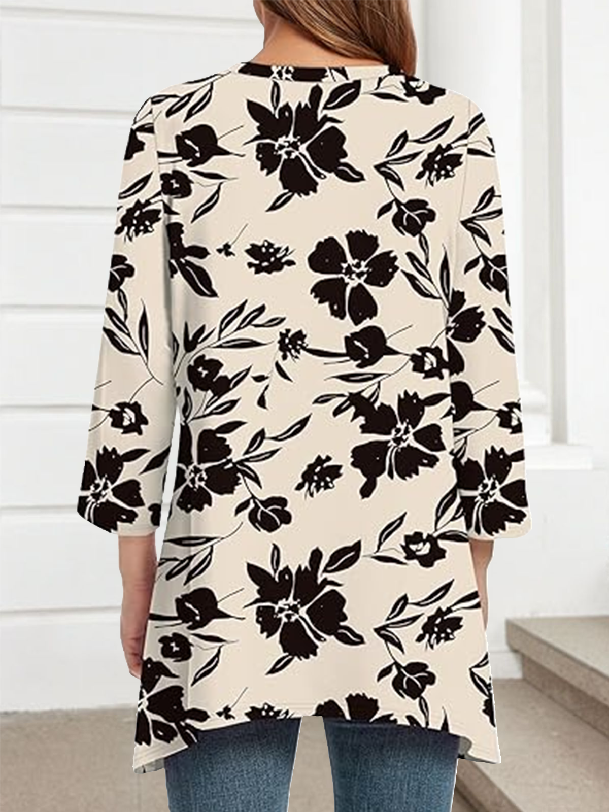 T-shirts Femmes Décontracté Floral Printemps / Automne Coton Quotidien Coupe Régulière Manches trois quarts Col Rond Mi-long