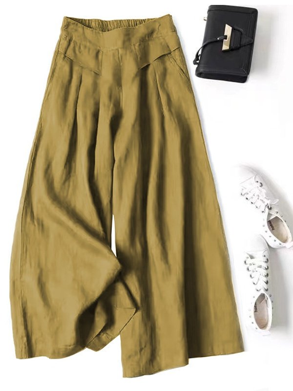 Pantalons Élégant Plain Printemps / Automne Couture de poche Naturel Micro-élasticité Taille Élastique Pantalons à Jambe Large Régulier pour Femmes