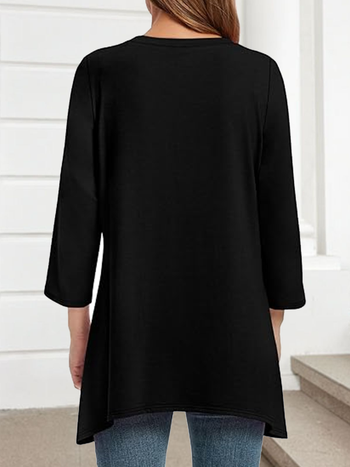 T-shirts Décontracté Plain Printemps / Automne Coton Coupe Régulière Manches trois quarts Col Rond Mi-long Trapèze pour Femmes