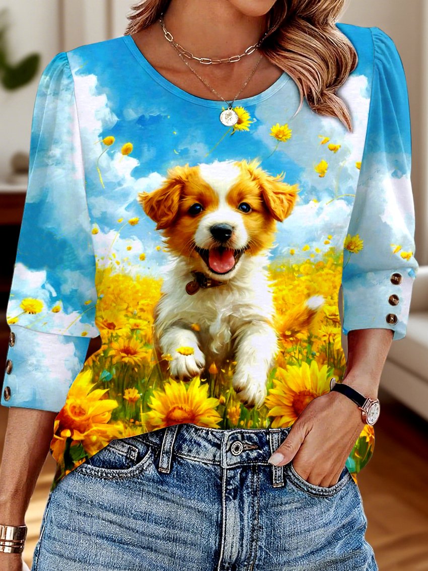 T-shirts Décontracté Tropical Printemps / Automne Coton Col V Micro-élasticité Quotidien Manches Longues Régulier pour Femmes