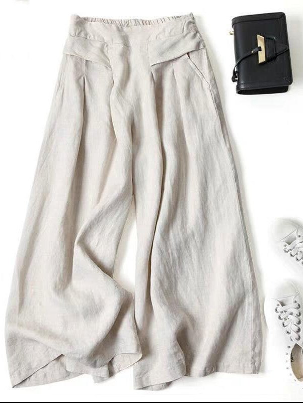 Pantalons Élégant Plain Printemps / Automne Couture de poche Naturel Micro-élasticité Taille Élastique Pantalons à Jambe Large Régulier pour Femmes