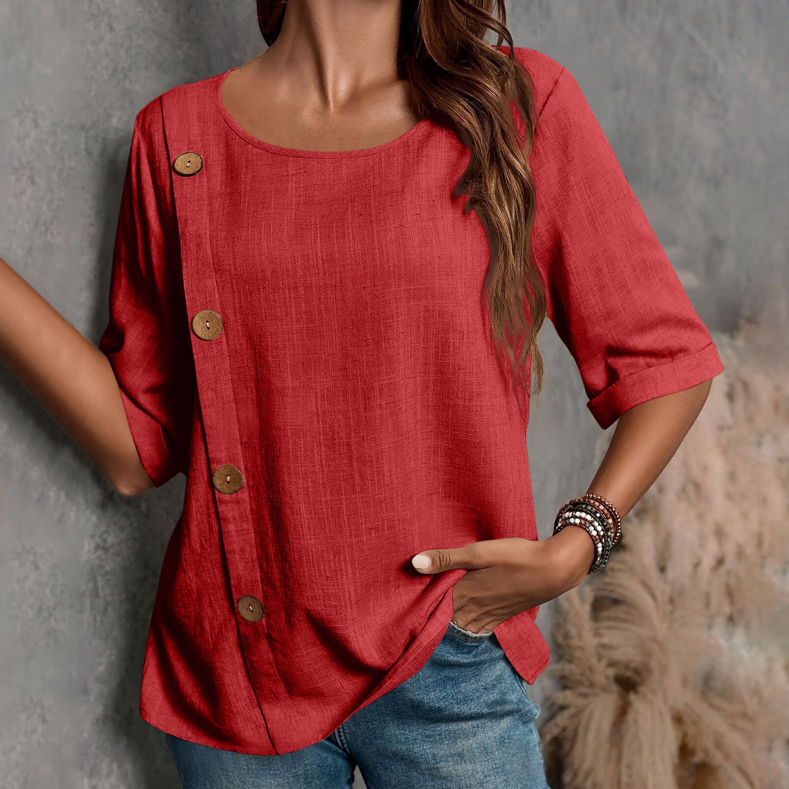 Blouses Rue Plain Été Joint Fendu Ample Demi Manche Col Rond Régulier Droit pour Femmes