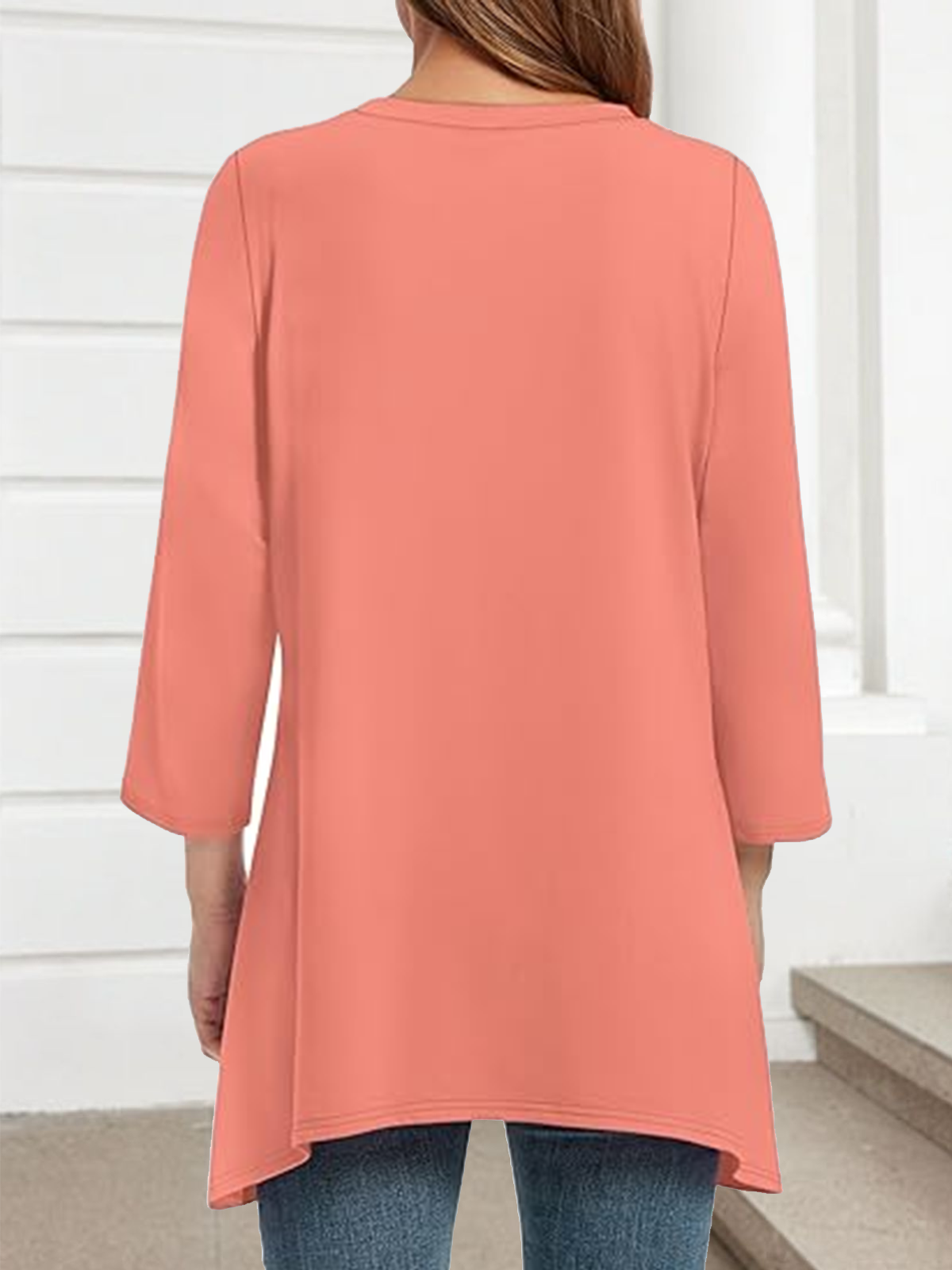 T-shirts Décontracté Plain Printemps / Automne Coton Coupe Régulière Manches trois quarts Col Rond Mi-long Trapèze pour Femmes