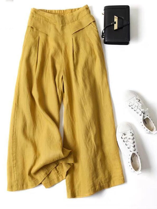 Pantalons Élégant Plain Printemps / Automne Couture de poche Naturel Micro-élasticité Taille Élastique Pantalons à Jambe Large Régulier pour Femmes