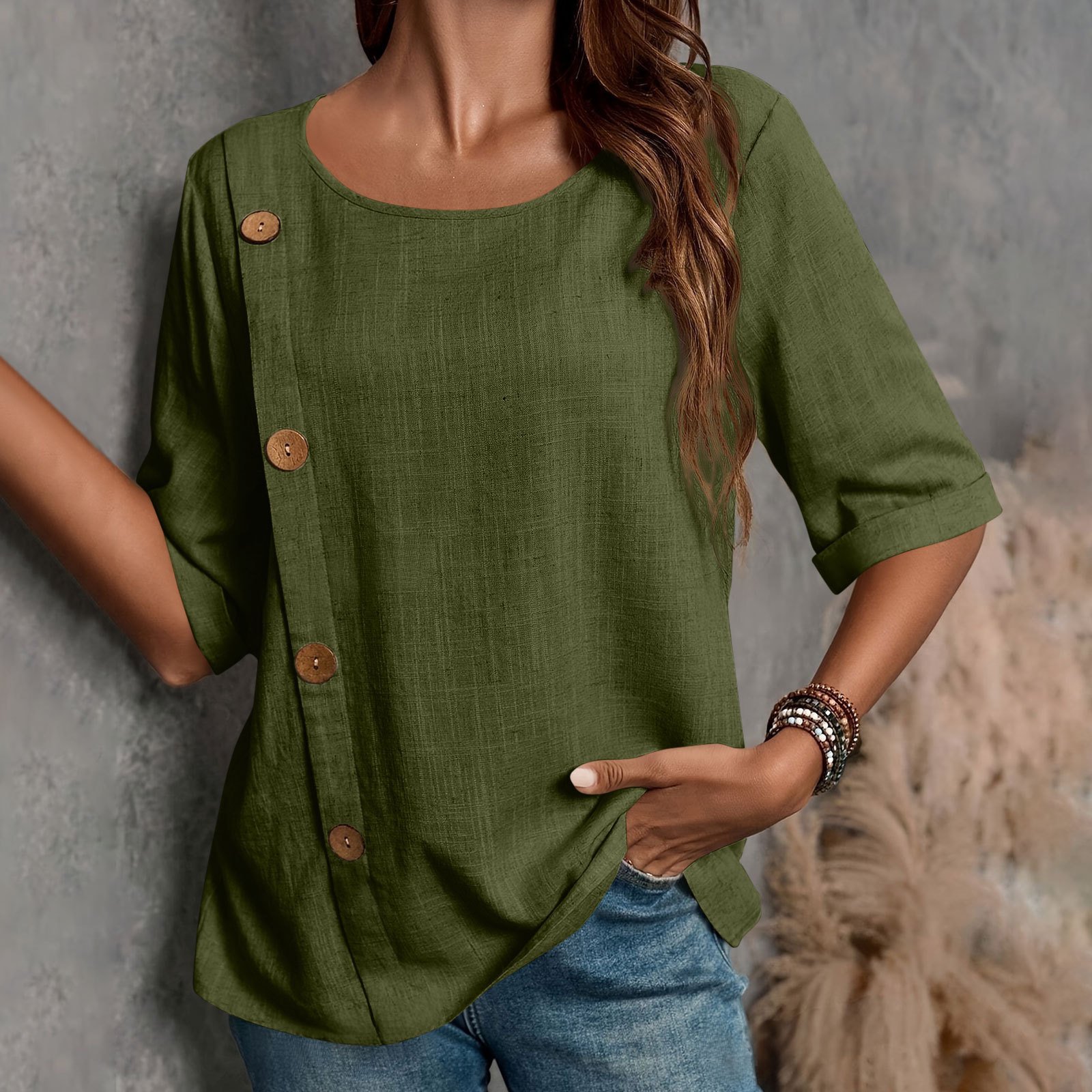 Blouses Rue Plain Été Joint Fendu Ample Demi Manche Col Rond Régulier Droit pour Femmes