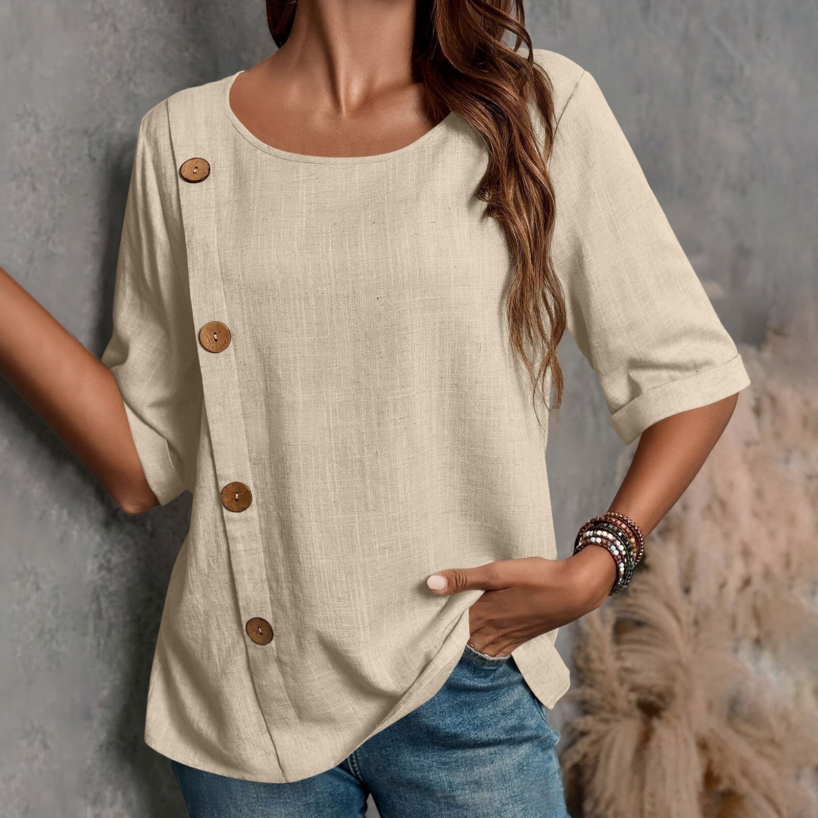 Blouses Rue Plain Été Joint Fendu Ample Demi Manche Col Rond Régulier Droit pour Femmes