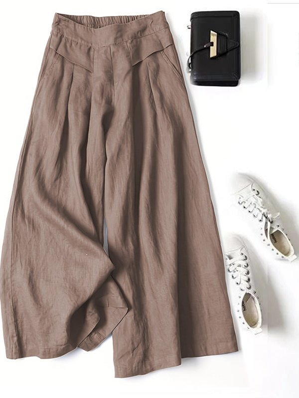 Pantalons Élégant Plain Printemps / Automne Couture de poche Naturel Micro-élasticité Taille Élastique Pantalons à Jambe Large Régulier pour Femmes