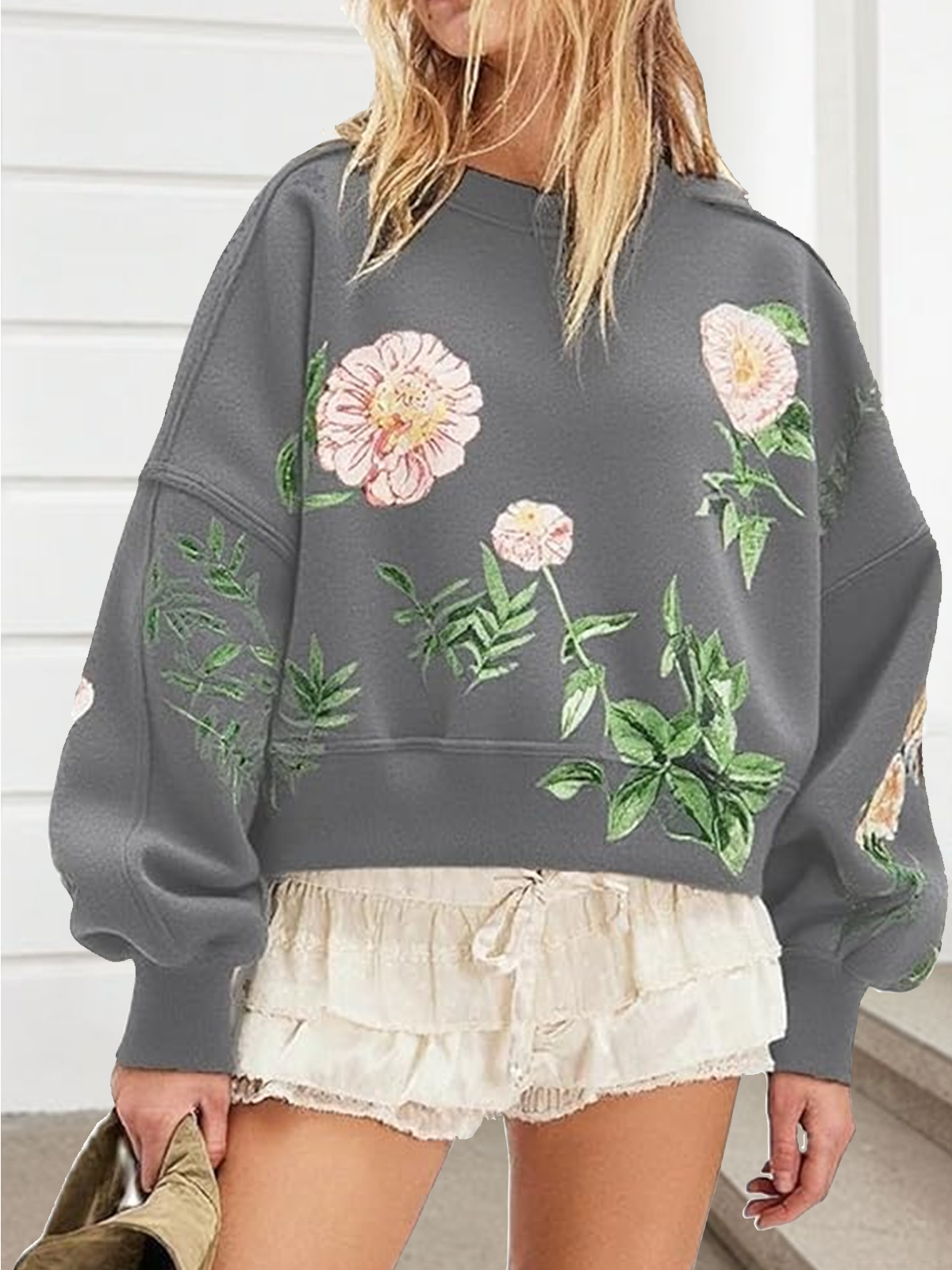 Sweat-shirts Femmes Boho Floral Printemps / Automne Coton Micro-élasticité Quotidien Manches Longues Col Rond Droit
