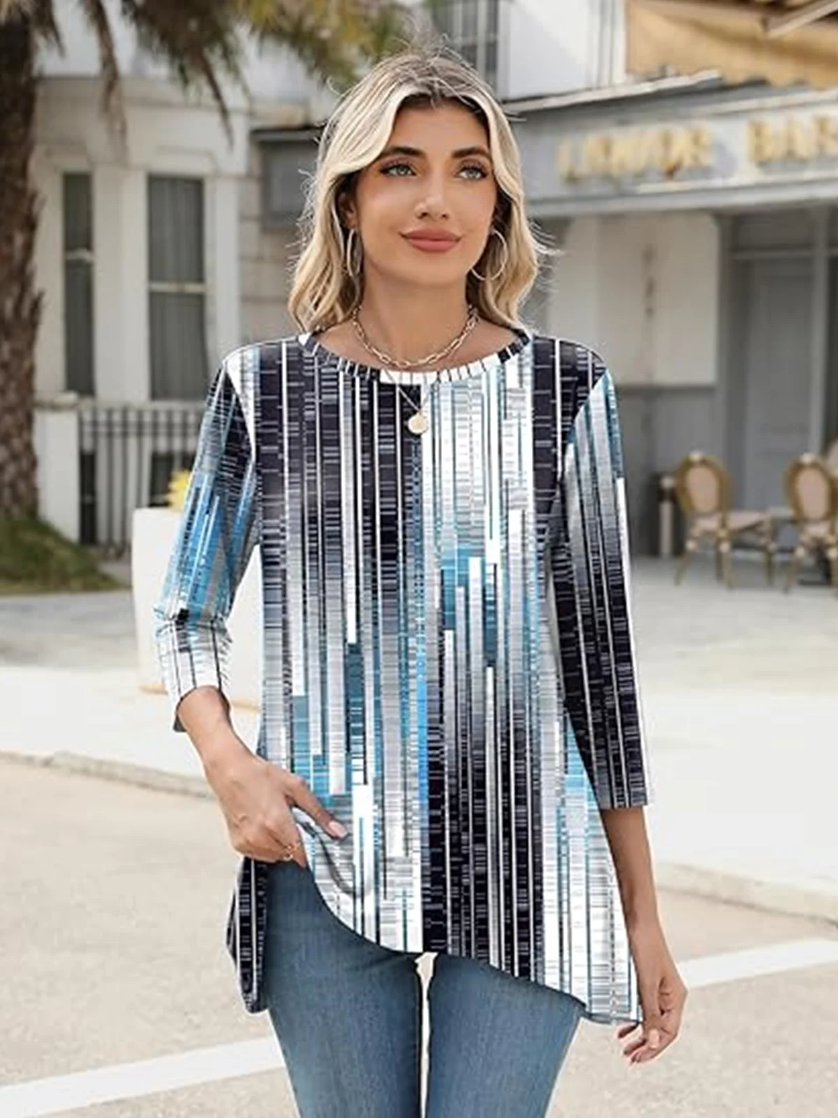 T-shirts Géométrique Décontracté Printemps / Automne Polyester Micro-élasticité Coupe Régulière Manches trois quarts Mi-long Régulier pour Femmes