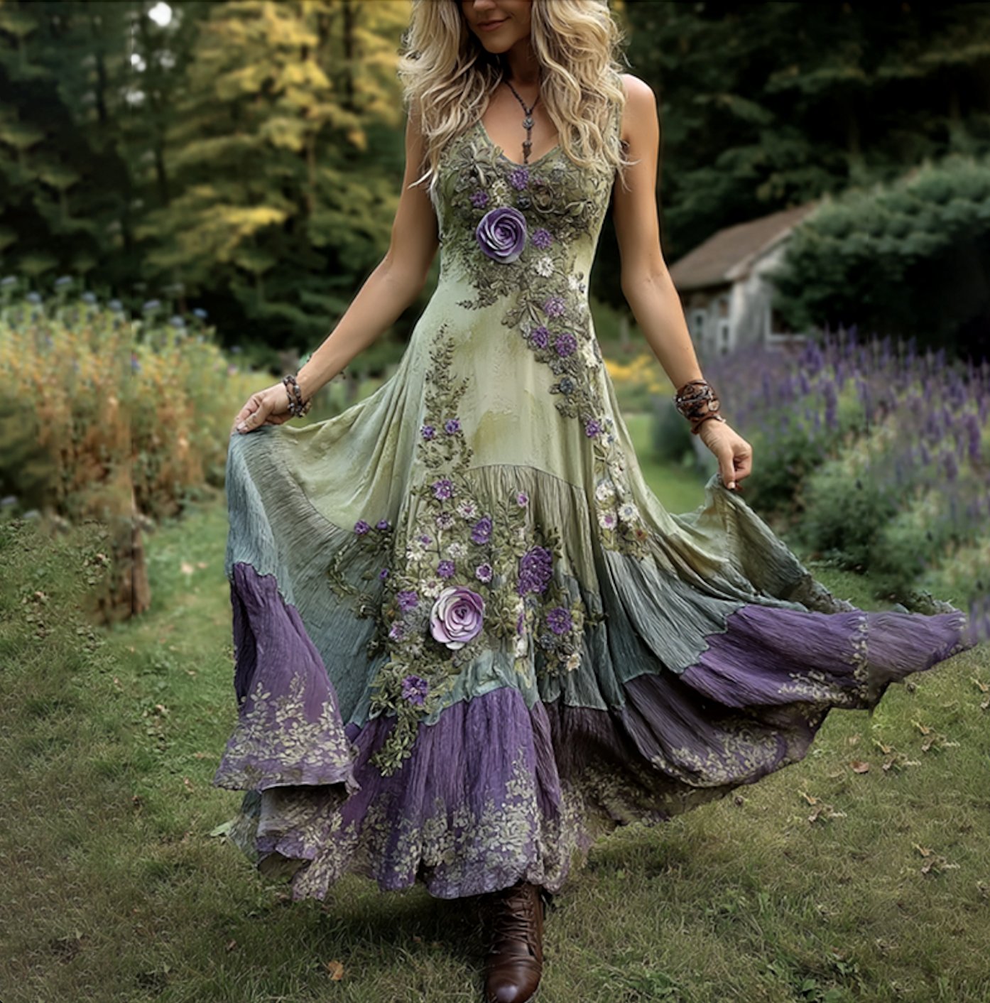 Femmes Floral Vert Col Rond Confortable Robe Maxi Décontracté
