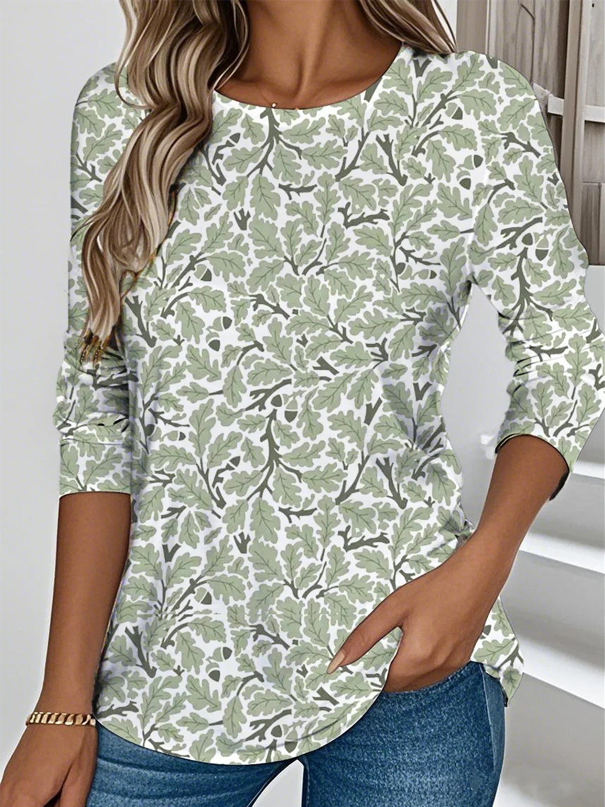 T-shirts Femmes Simple Printemps / Automne Feuille Aucune élasticité Manches Longues Col Rond Droit Régulier Non