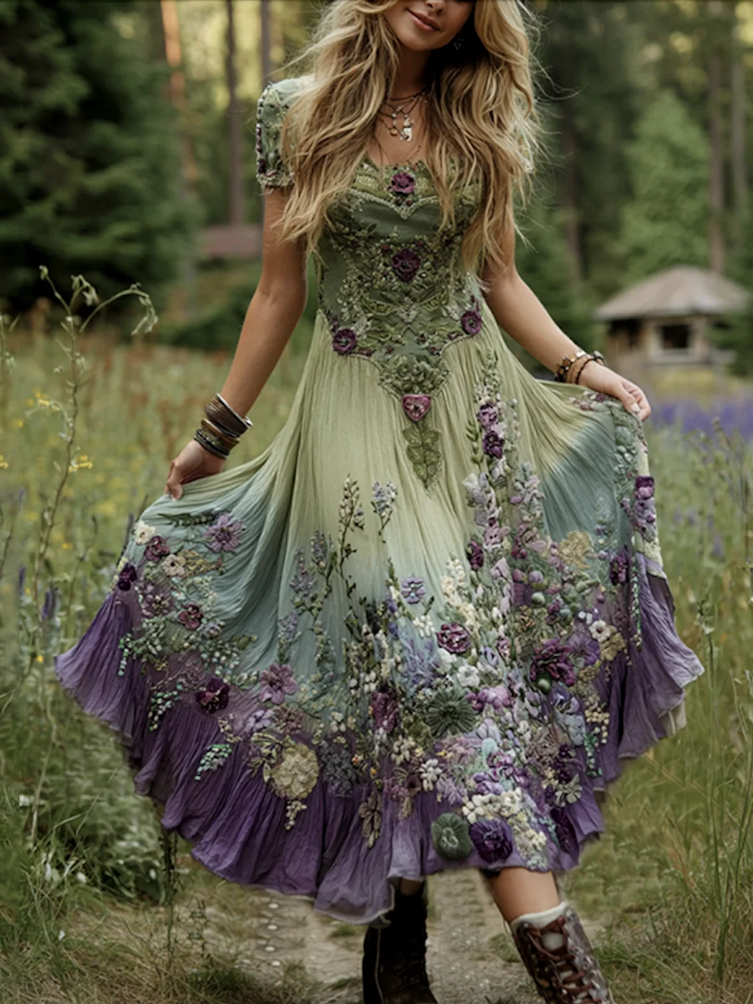 Femmes Floral Vert Col Rond Confortable Robe Maxi Décontracté