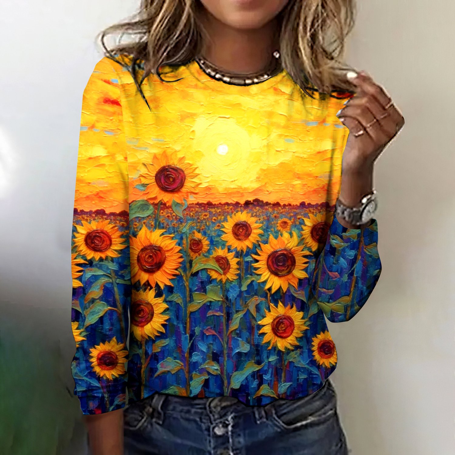 T-shirts Rétro Printemps / Automne Plaid Micro-élasticité Quotidien Coupe Régulière Manches Longues Trapèze Régulier pour Femmes