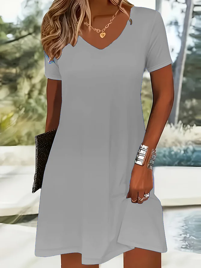 Femmes Plain Noir Col V Confortable Robe Mi-Longue Décontracté