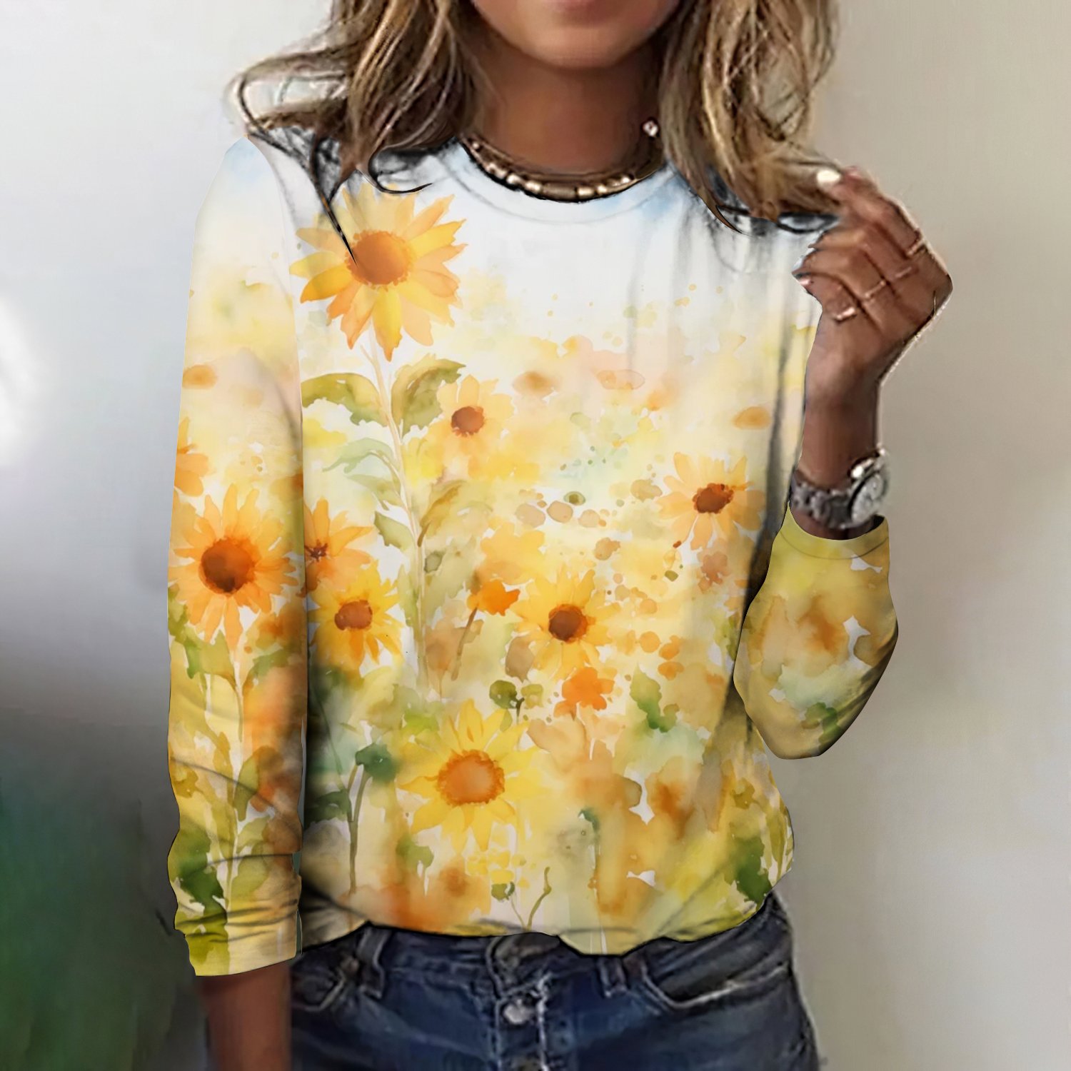 T-shirts Femmes Rétro Printemps / Automne Plaid Coton Micro-élasticité Quotidien Coupe Régulière Col Rond Régulier