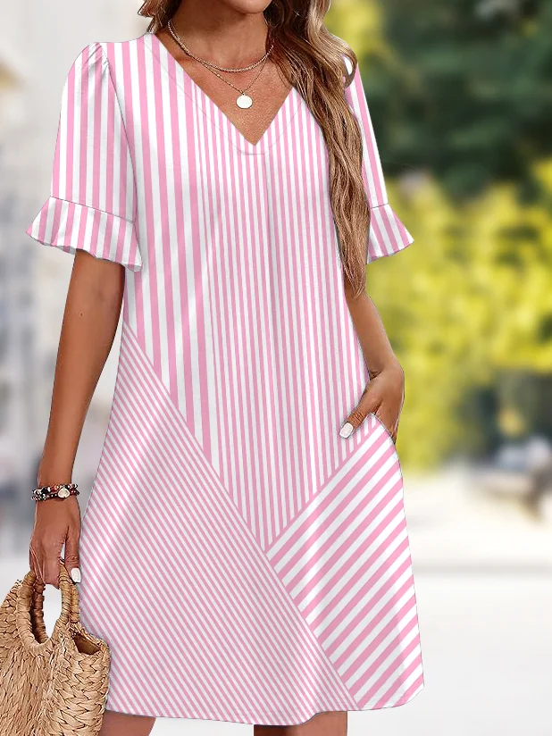 Femmes Plain Rose Col V Confortable Robe Mi-Longue Décontracté