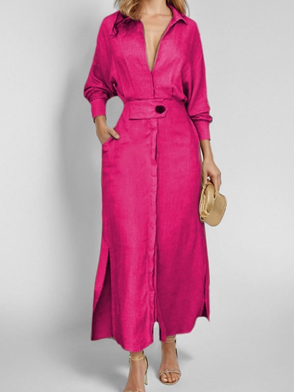 Femmes Plain Abricot Col V Confortable Joint Fendu Robe Maxi Rétro
