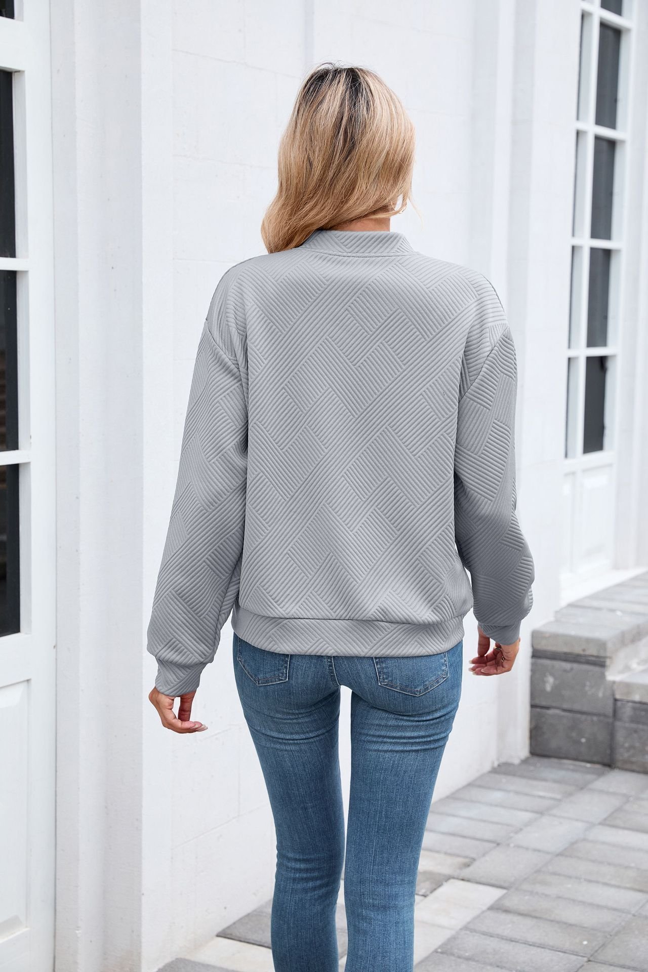 Micro-élasticité Col Montant Manches Longues Régulier Plain Blouson pour Femmes
