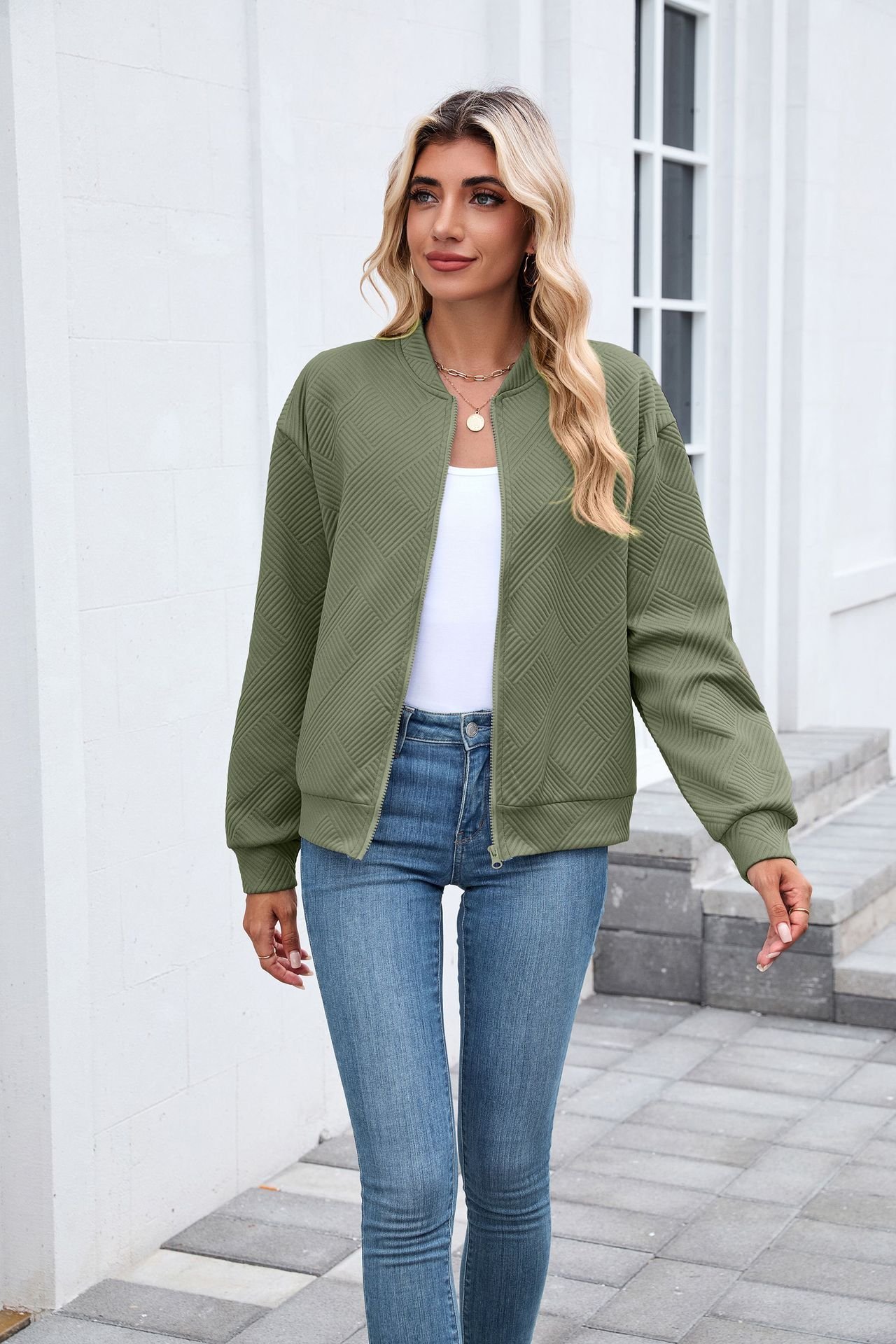 Micro-élasticité Col Montant Manches Longues Régulier Plain Blouson pour Femmes