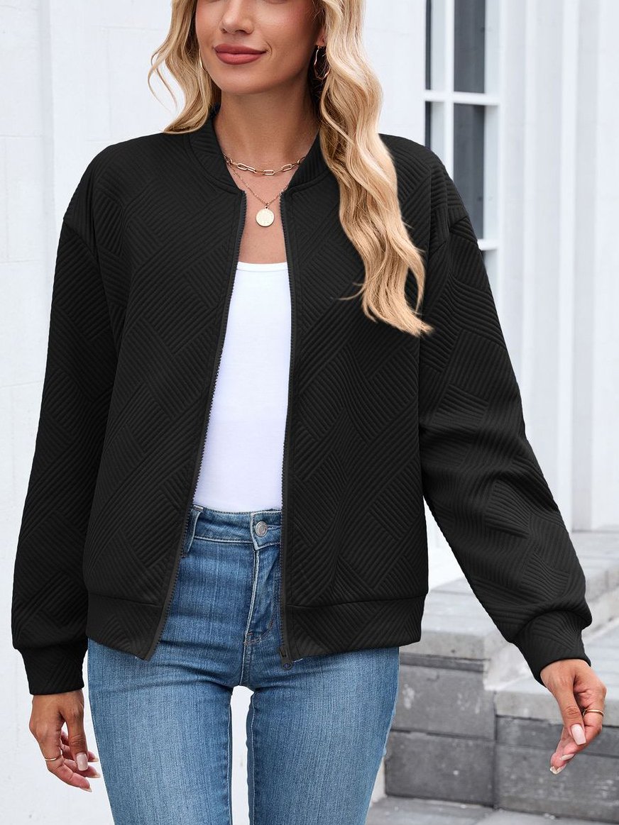 Micro-élasticité Col Montant Manches Longues Régulier Plain Blouson pour Femmes