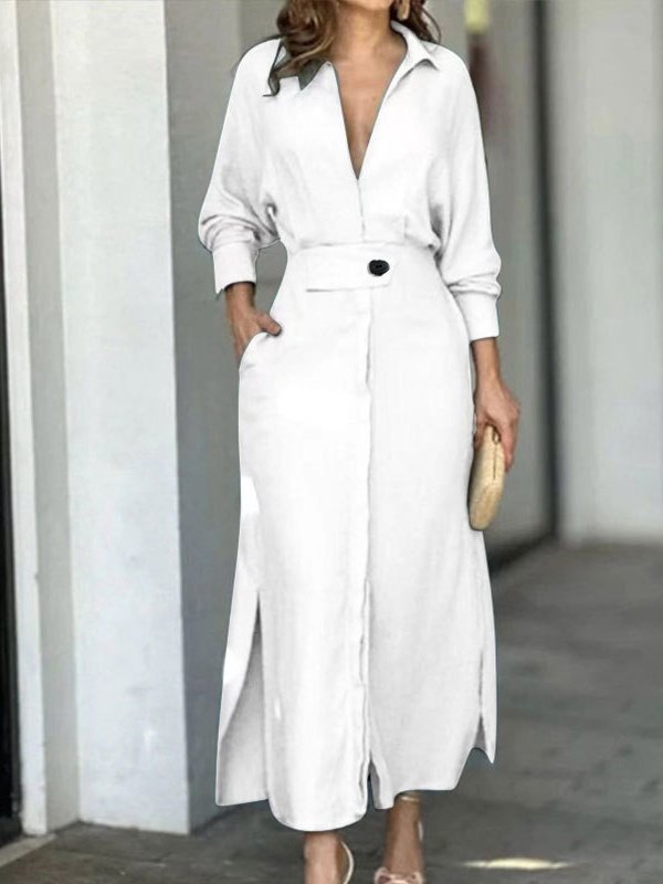 Femmes Plain Abricot Col V Confortable Joint Fendu Robe Maxi Rétro