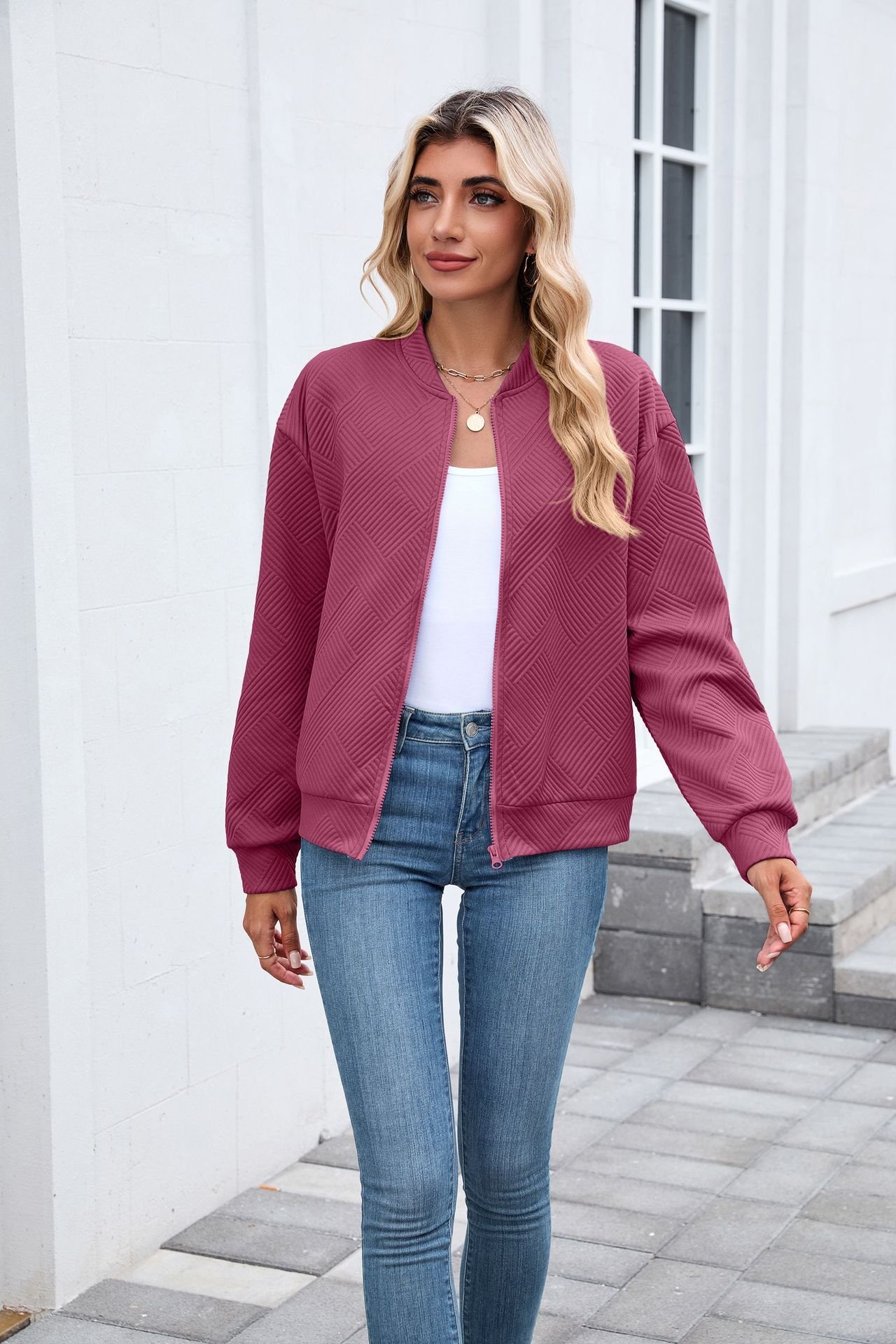 Micro-élasticité Col Montant Manches Longues Régulier Plain Blouson pour Femmes