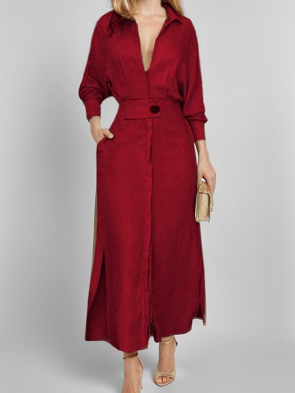 Femmes Plain Abricot Col V Confortable Joint Fendu Robe Maxi Rétro