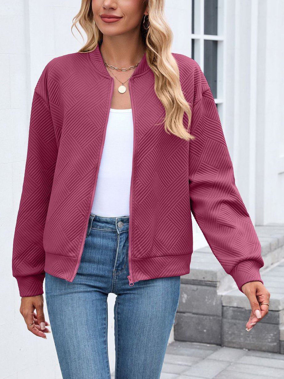 Micro-élasticité Col Montant Manches Longues Régulier Plain Blouson pour Femmes