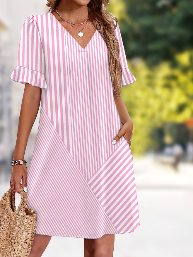 Femmes Plain Rose Col V Confortable Robe Mi-Longue Décontracté