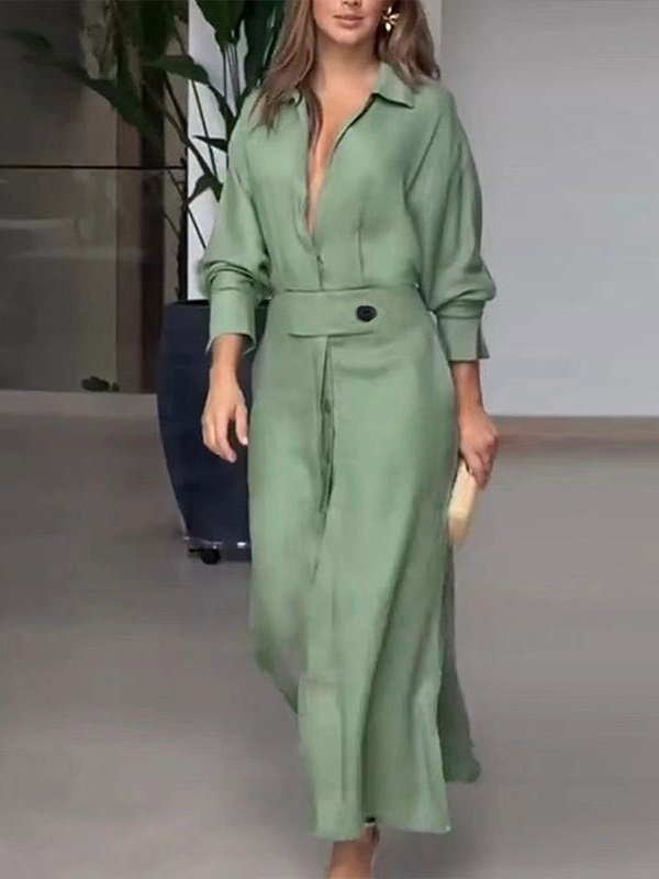 Femmes Plain Abricot Col V Confortable Joint Fendu Robe Maxi Rétro