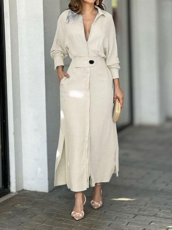 Femmes Plain Abricot Col V Confortable Joint Fendu Robe Maxi Rétro