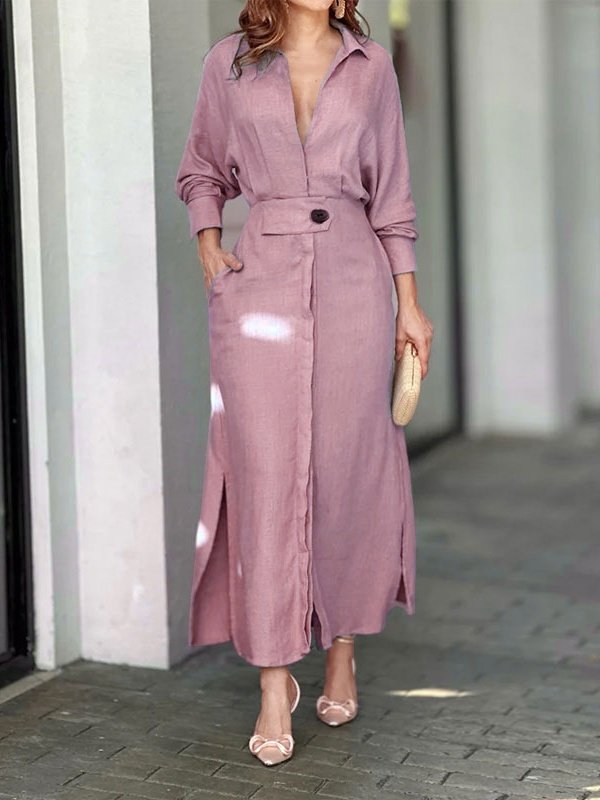 Femmes Plain Abricot Col V Confortable Joint Fendu Robe Maxi Rétro