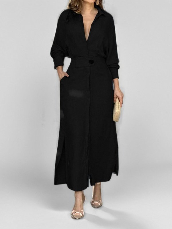 Femmes Plain Abricot Col V Confortable Joint Fendu Robe Maxi Rétro