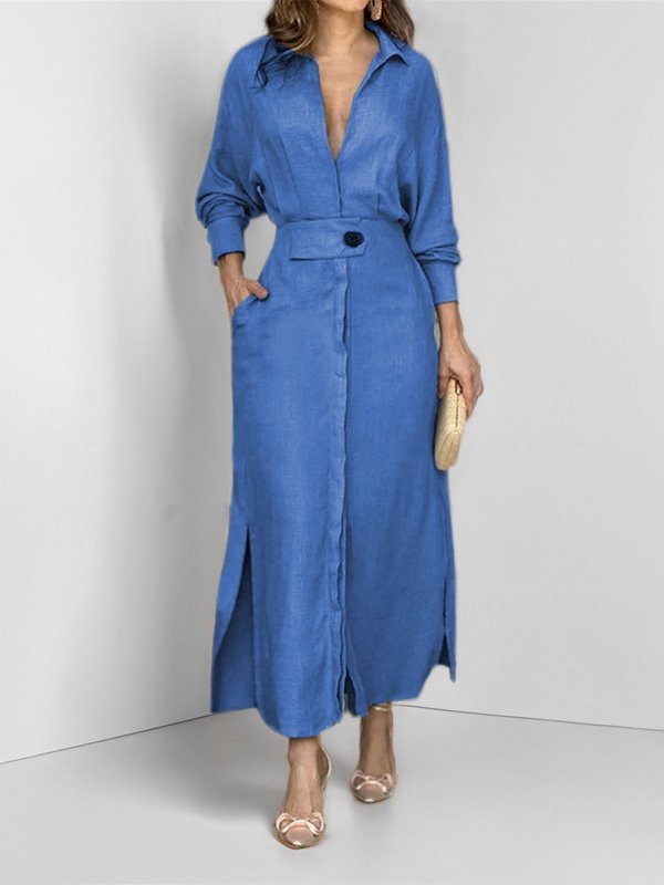 Femmes Plain Abricot Col V Confortable Joint Fendu Robe Maxi Rétro