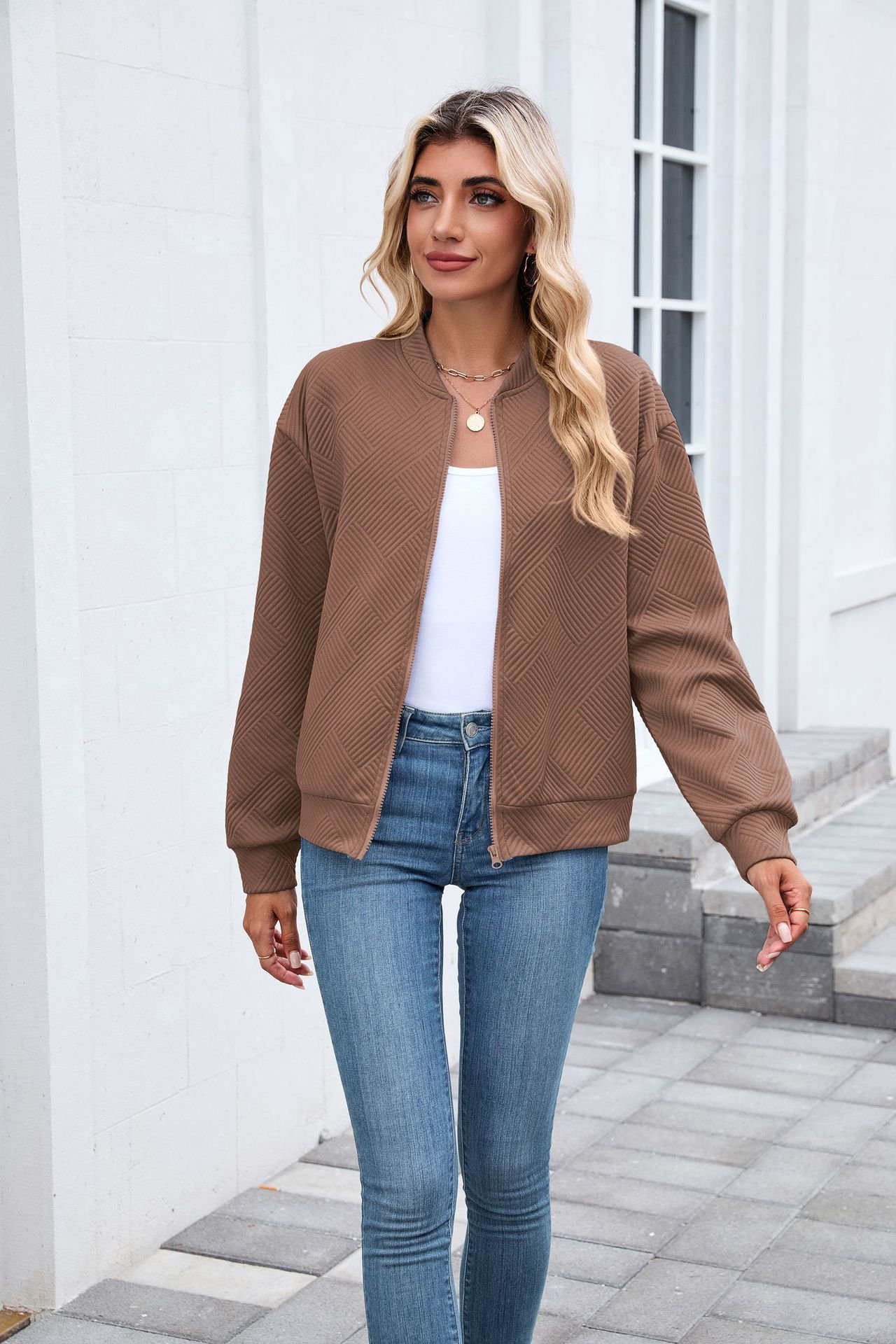 Micro-élasticité Col Montant Manches Longues Régulier Plain Blouson pour Femmes