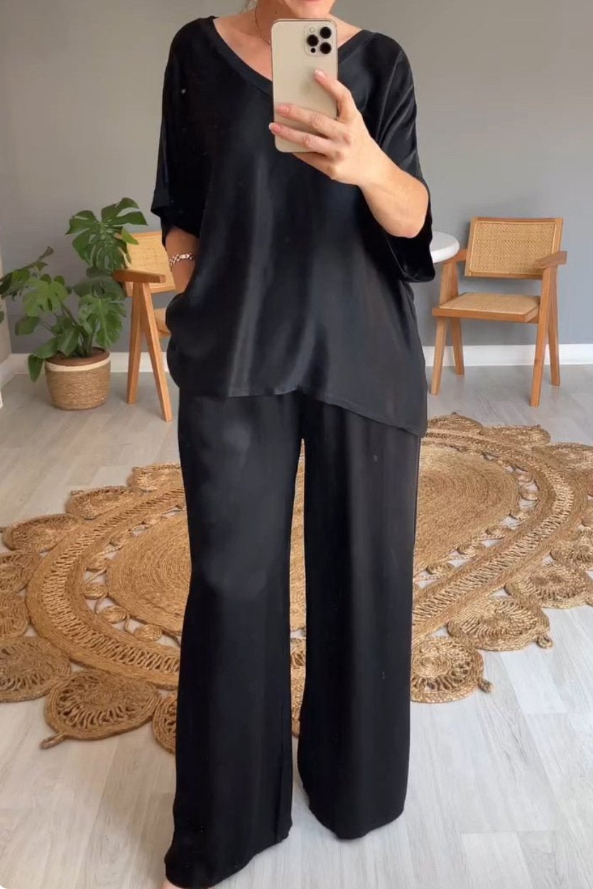 Deux Pièces Ensembles Femmes Élégant Plain Été Micro-élasticité Demi Manche Col Rond Top Avec Pantalons Droit Régulier