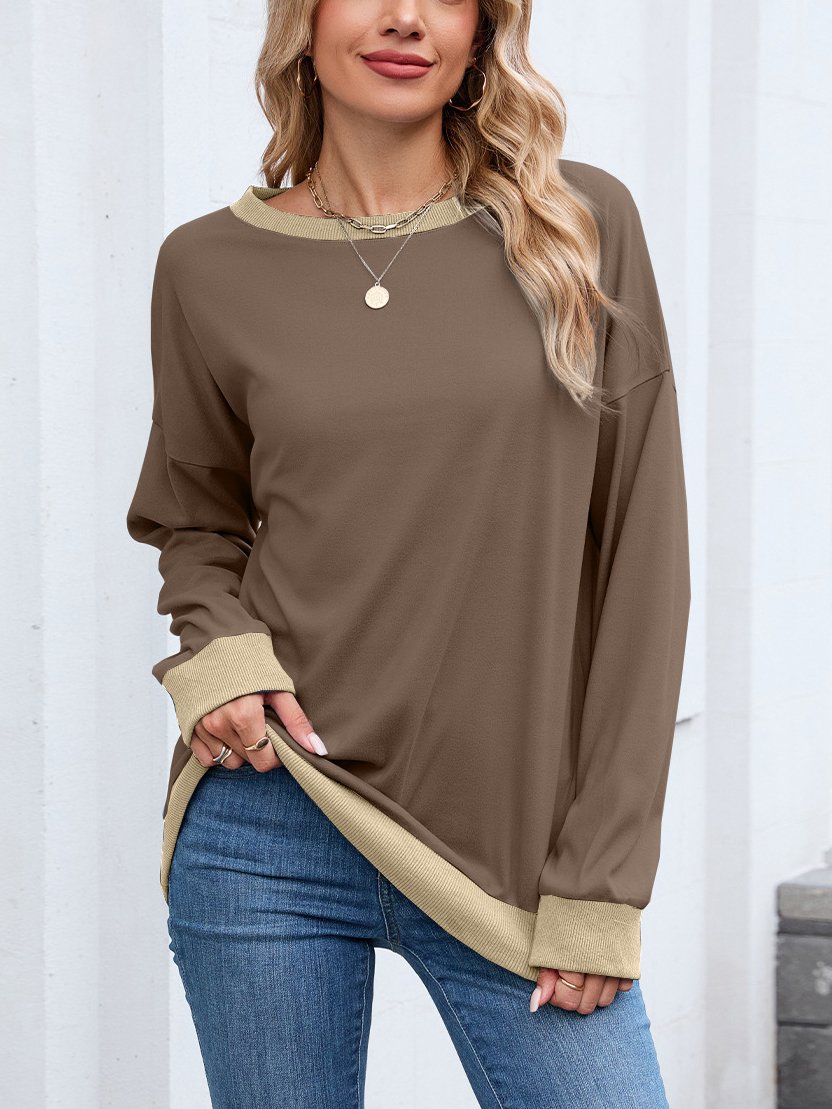 Sweat-shirts Femmes Décontracté Bloc de Couleur Printemps / Automne Micro-élasticité Quotidien Col Rond Régulier Trapèze Régulier