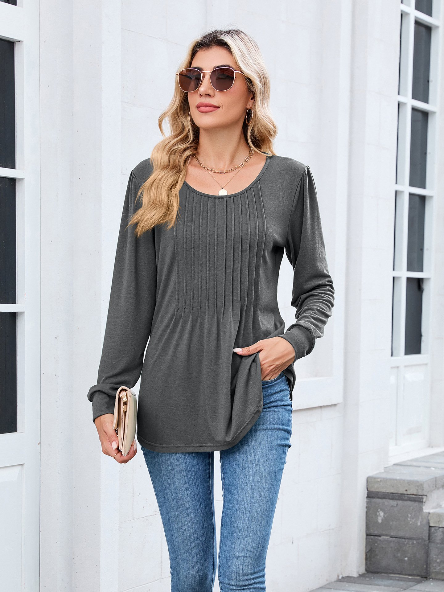 T-shirts Femmes Décontracté Plain Printemps / Automne Polyester Coupe Régulière Manches Longues Col Rond Trapèze Régulier