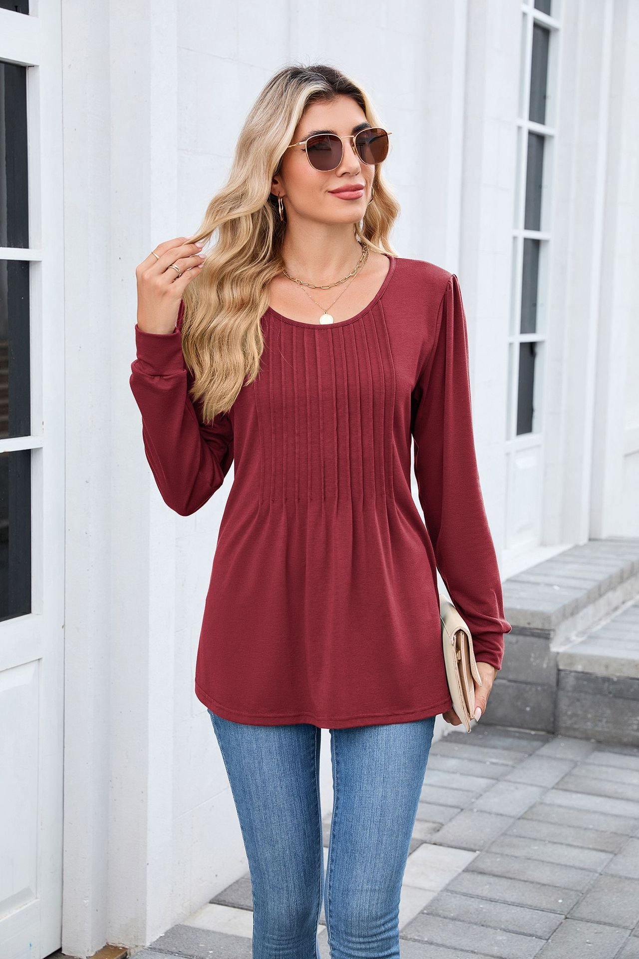 T-shirts Femmes Décontracté Plain Printemps / Automne Polyester Coupe Régulière Manches Longues Col Rond Trapèze Régulier