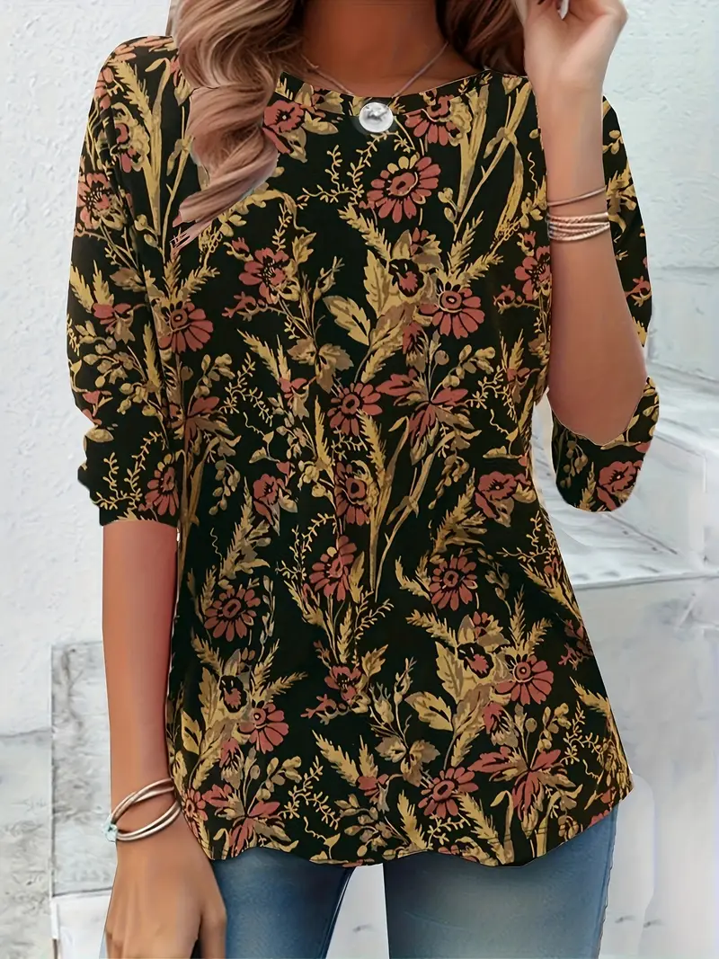 T-shirts Femmes Décontracté Floral Printemps / Automne Aucune élasticité Quotidien Jersey Régulier Droit Régulier