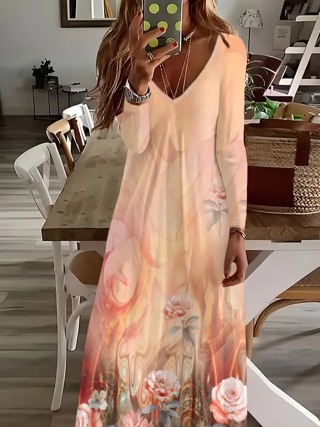 Femmes Floral Orange Col V Confortable Imprimé Robe Maxi Décontracté
