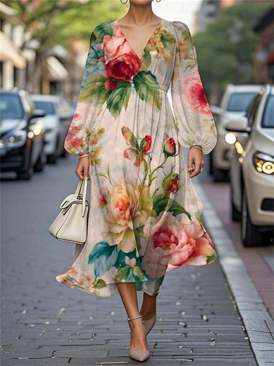 Femmes Floral Jaune Col V Confortable Robe Maxi Décontracté