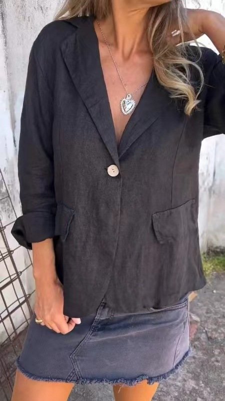Micro-élasticité Col Montant Manches Longues Boutons Régulier Plain Blazer Boucle pour Femmes