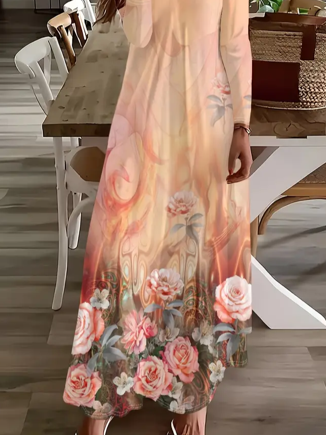 Femmes Floral Orange Col V Confortable Imprimé Robe Maxi Décontracté