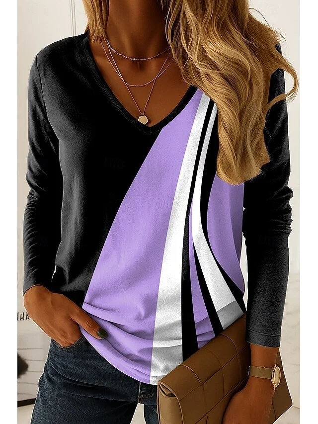 T-shirts Décontracté Bloc de Couleur Printemps / Automne Coton Col V Quotidien Manches Longues Droit Régulier pour Femmes