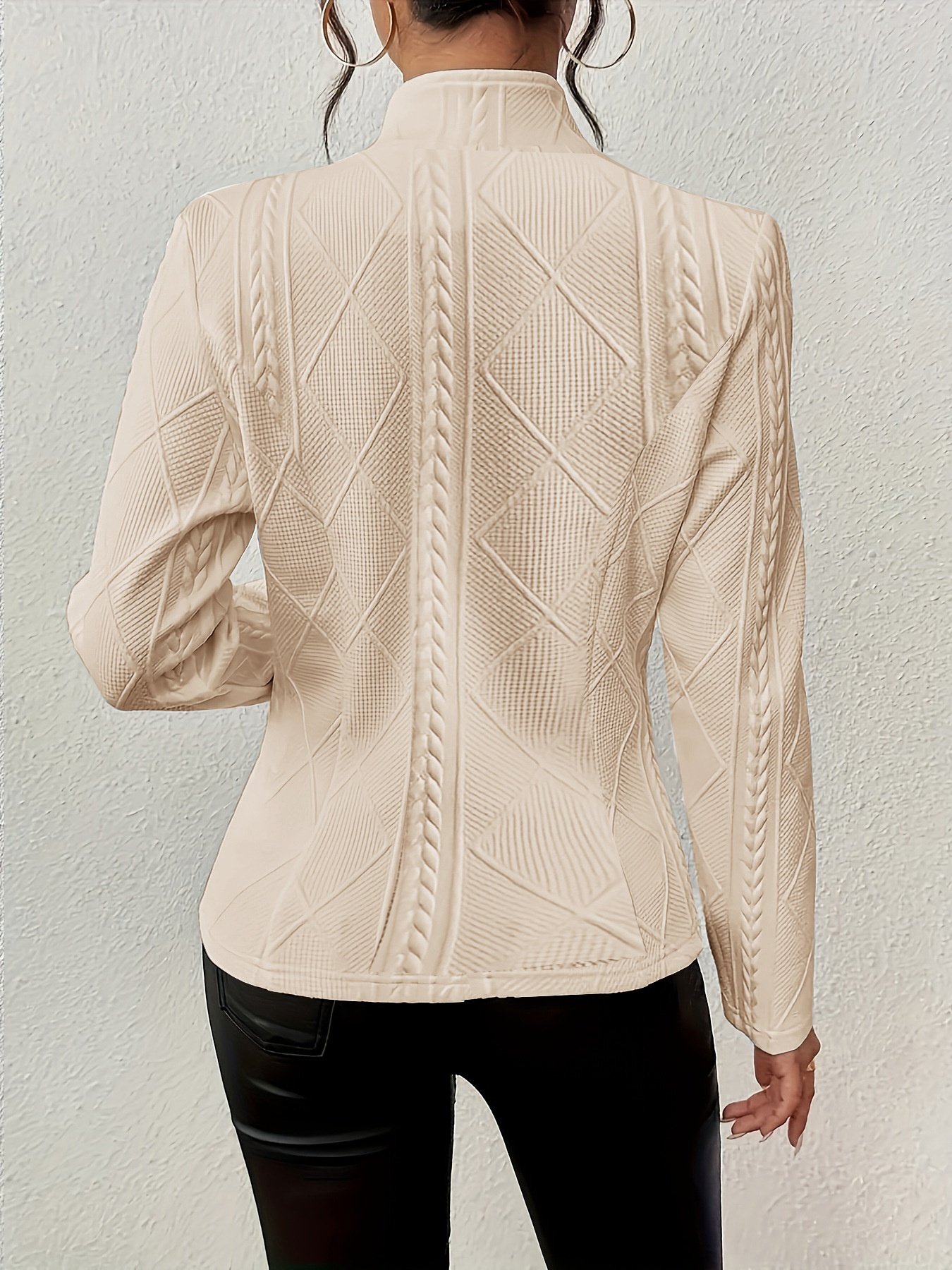 Micro-élasticité Faux Col Manches Longues Devant Ouvert Régulier Géométrique Blazer Gaufrage pour Femmes