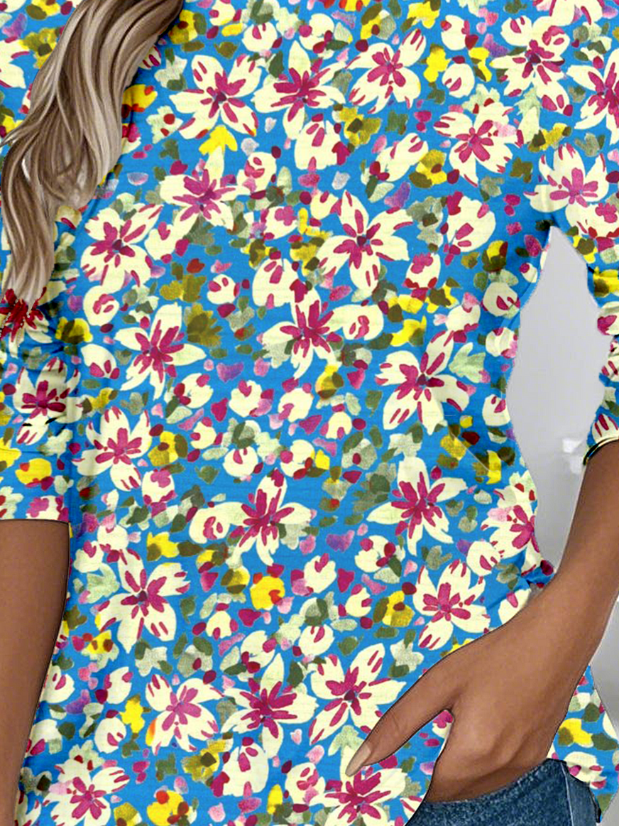 T-shirts Simple Floral Printemps / Automne Faire la navette Ample Jersey Col Rond Régulier Non pour Femmes