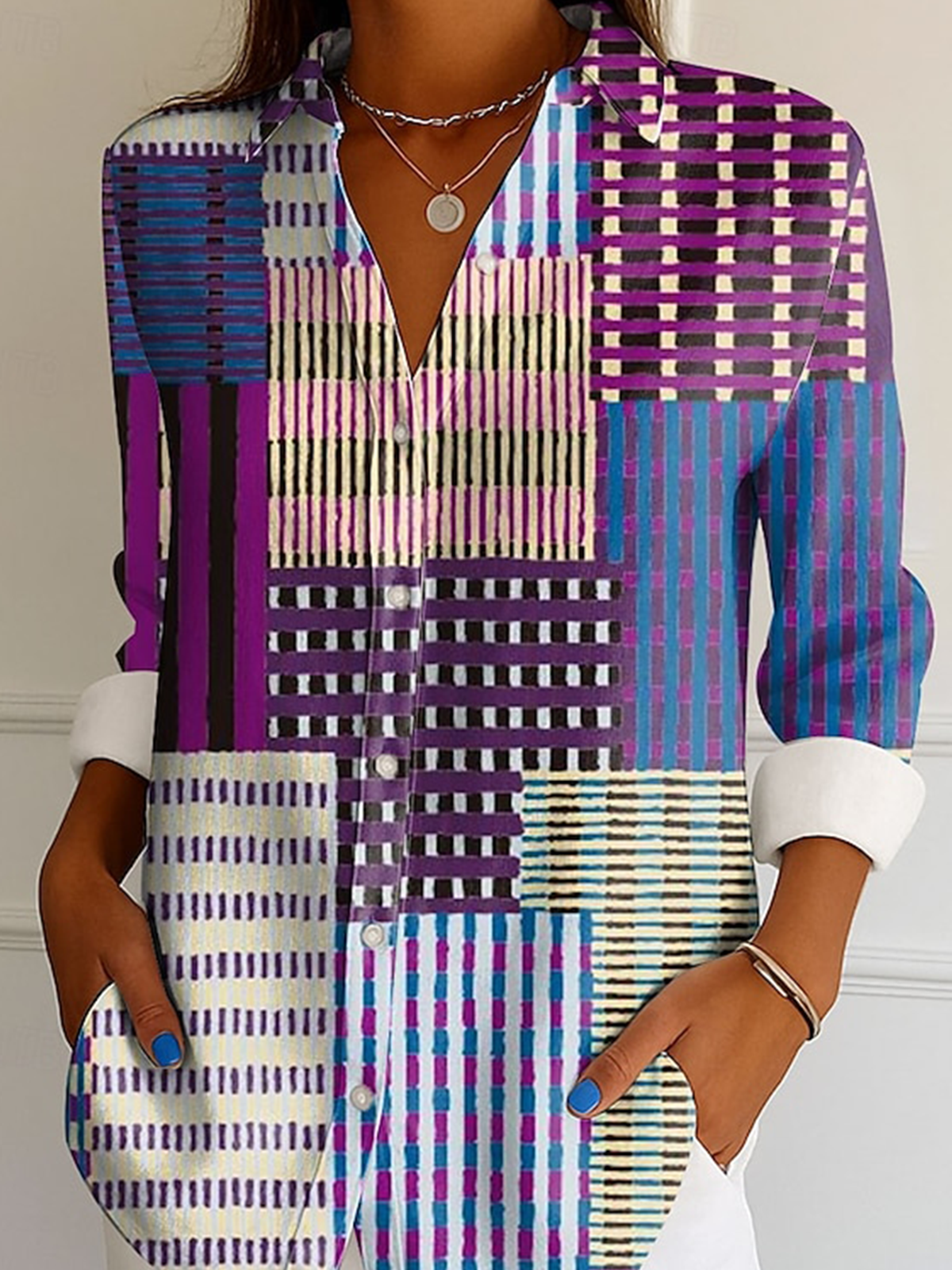 Chemises Géométrique Décontracté Printemps / Automne Polyester Col V Coupe Régulière Manches Longues Trapèze Régulier pour Femmes